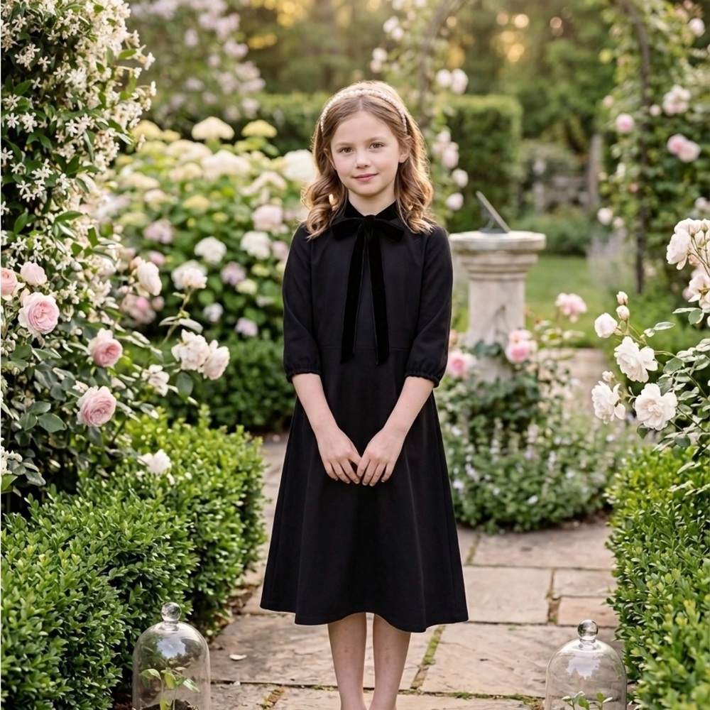 NWT ✨ Petit Clair Girls' Black Velvet Bow Collar Dress - size 14